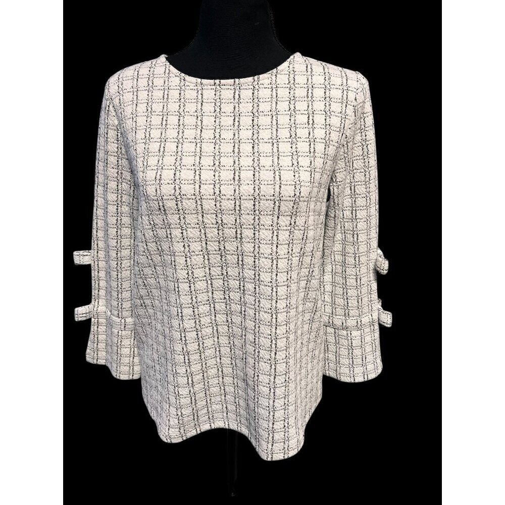 KARL LAGERFELD Womens Plaid Textured Top With Bow Sleeve OFFICE